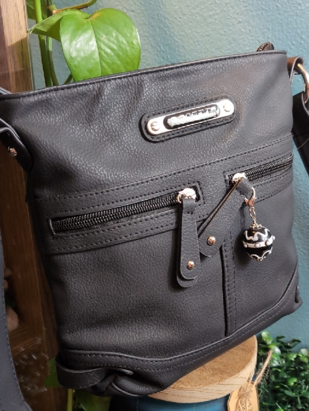 Soft Black Faux Leather Crossbody with Glass Bag Egg Charm